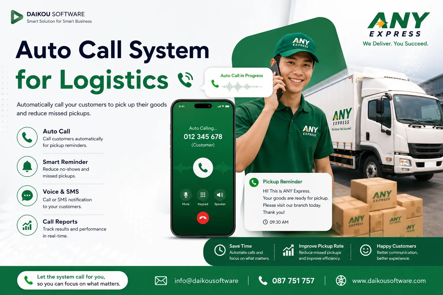 Daikou Auto Call System — automatically calling a logistics customer with a pickup reminder