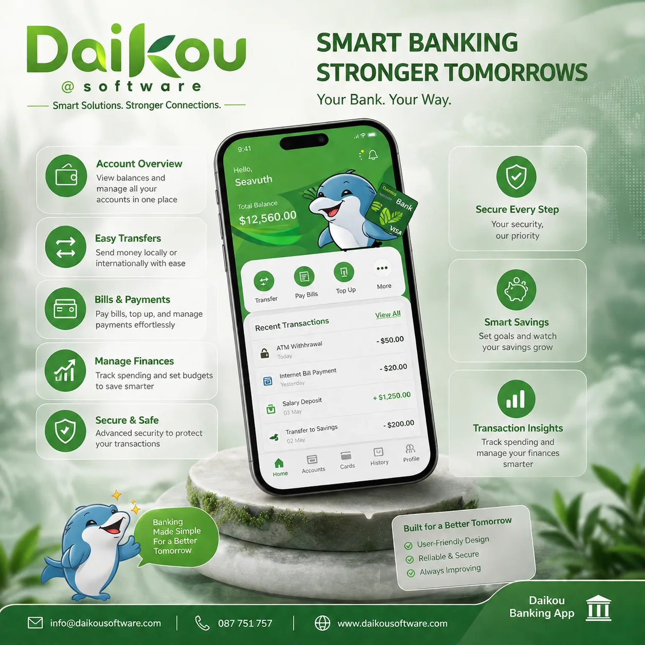 Daikou Banking App — smart mobile banking with account overview, transfers, bill payments, and transaction insights