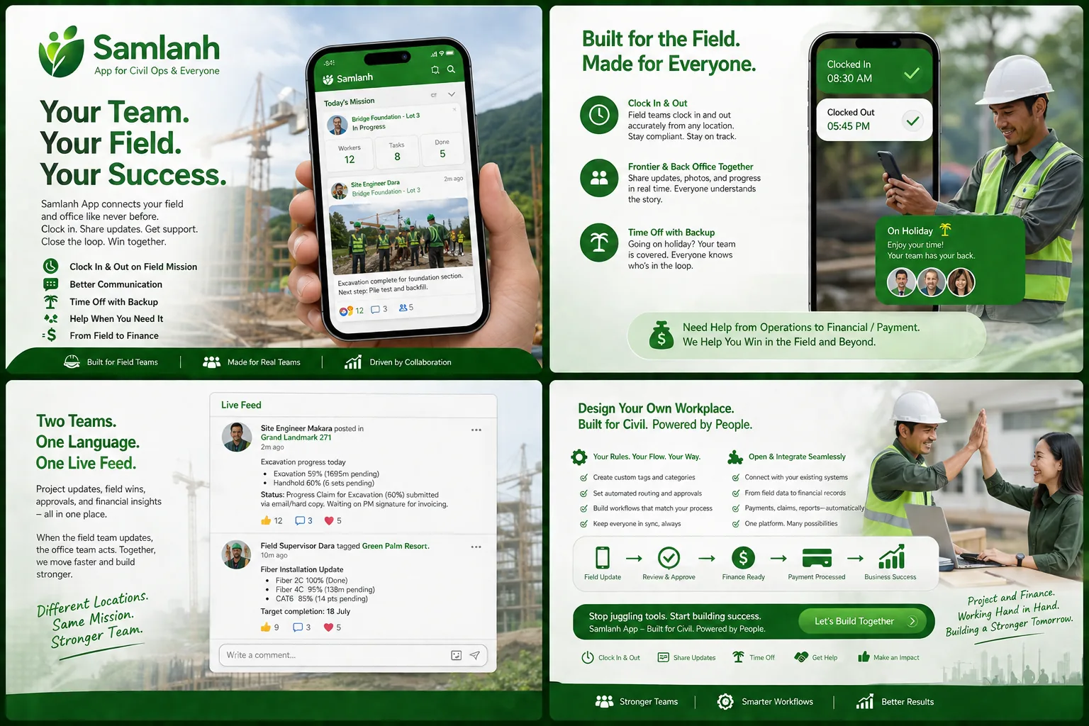 Samlanh App — a modern workplace app connecting field and office teams: clock in and out, live updates feed, time off, and field-to-finance workflow